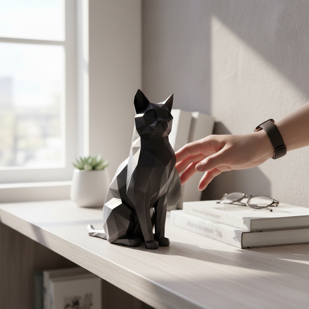 Sitting elegant low poly cat sculpture - angle view